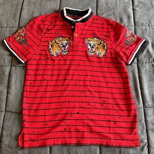 Switch Remarkable Red Striped Polo Shirt with Tiger Embroidery Y2K Size Medium